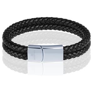 Memphis dubbele leren armband Zwart Zilver-17cm