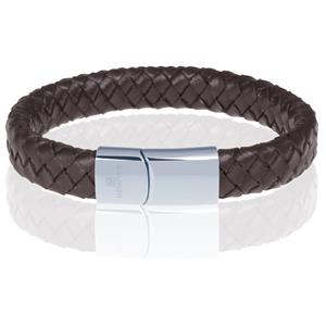 Memphis gevlochten leren armband Bruin Zilver-23cm