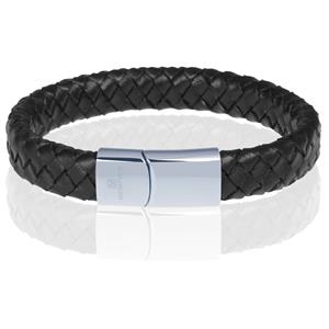 Memphis gevlochten leren armband Zwart Zilver-23cm