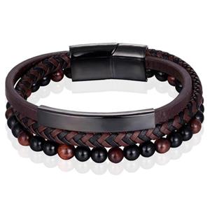 Memphis Heren armband  Tijgeroog kraal gevlochten leer Zwart Bruin - 21cm