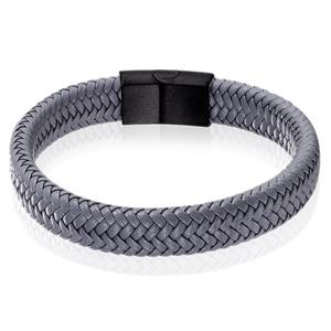 LGT JWLS Gevlochten Leren Armband Heren Edelstaal Sluiting Grijs Zwart-22cm