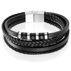 Mendes Leren heren armband Multi  Edelstaal Zilverkleurig Zwart - 22.5cm