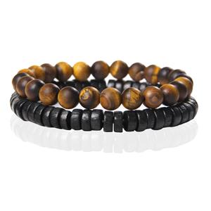 Memphis Stacked Armband - Hout & Matte Tiger Eye-21cm