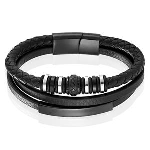 Mendes Jewelry Heren Armband - Zwart Leder met Zilveren Bedels en Zwarte Sluiting-23cm