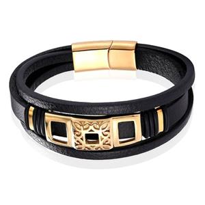 Mendes Jewelry Luxe Heren Armband in Zwart Leer met Gouden Elementen-23cm