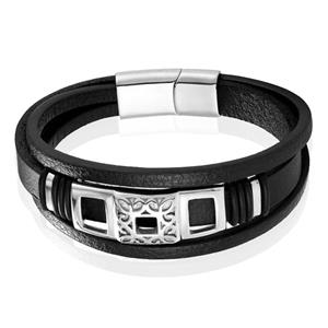 Mendes Jewelry Luxe Heren Armband in Zwart Leer met Zilveren Elementen-21cm