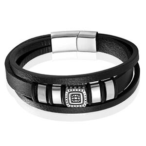 Mendes Jewelry Etnische Heren Armband in Zwart Leer met Zilveren Bedels-23cm