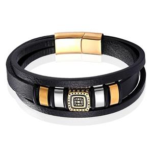 Mendes Jewelry Etnische Heren Armband in Zwart Leer met Goud en Zilveren Bedels-23cm