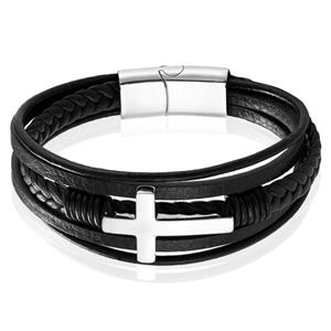 Mendes Jewelry Roestvrijstalen en Echt Lederen Heren Armband met Groot Kruis in Zwart en Zilver-23cm