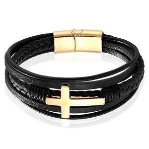 Mendes Jewelry Roestvrijstalen en Echt Lederen Heren Armband met Groot Kruis in Zwart en Goud-19cm