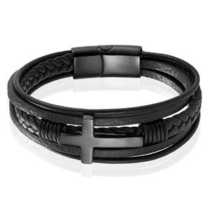 Mendes Jewelry Roestvrijstalen en Echt Lederen Heren Armband met Groot Kruis in Zwart -19cm