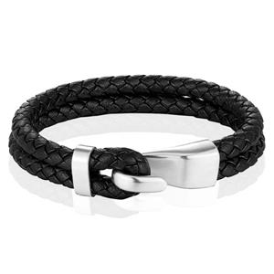 Mendes Jewelry Roestvrijstalen en Echt Lederen Heren Armband in Zwart en Zilver-23cm