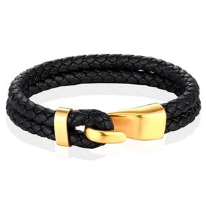 Mendes Jewelry Roestvrijstalen en Echt Lederen Heren Armband in Zwart en Goud-19cm