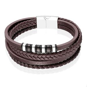 Mendes Jewelry Roestvrijstalen en Echt Lederen Heren Armband in Bruin-19cm