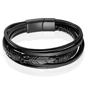 Mendes Jewelry Heren Armband - Stoer Zwart Leder met Bladvormige Stalen Bedel - Zwart-23cm
