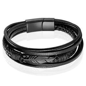 Mendes Jewelry Heren Armband - Stoer Zwart Leder met Bladvormige Stalen Bedel - Zwart-19cm