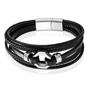 Mendes Jewelry Heren Armband van Roestvrijstaal en Echt Leder - Stijlvol Zwart met Zilveren Achtkant-21cm