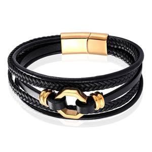 Mendes Jewelry Heren Armband van Roestvrijstaal en Echt Leder - Stijlvol Zwart met Gouden Achtkant-23cm