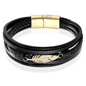 Mendes Jewelry Heren Armband - Stoer Zwart Leder met Bladvormige Stalen Bedel - Goud-21cm