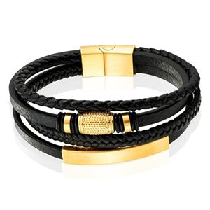 Mendes Jewelry Heren Armband van Roestvrijstaal en Echt Leder - Luxe Zwart met Gouden Elementen-21cm