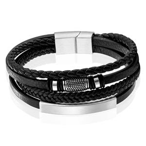 Mendes Jewelry Heren Armband van Roestvrijstaal en Echt Leder - Stijlvol Zwart met Zilveren Elementen-19cm