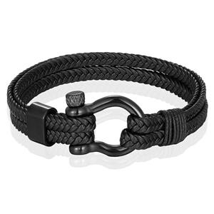 Mendes Nautische heren armband Leer Edelstaal Zwart - 21cm