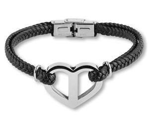 Urnwebshop Zwart Lederen Aurora Armband Hart met RVS Asruimte