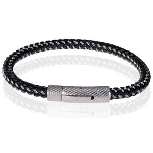 Tom Jaxon Heren armband geweven leer met Edelstaal Zilverkleurig Zwart-19cm