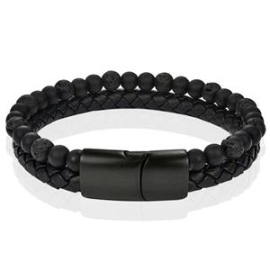Memphis Heren armband zwart leer Agaat kralen Edelstaal magneet sluiting - 22cm