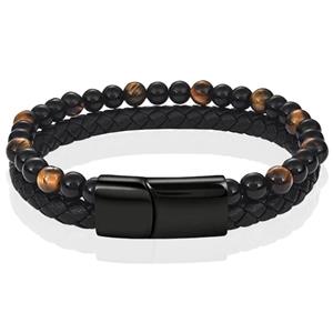 Memphis Heren armband zwart leer Tijgeroog kralen Edelstaal magneet sluiting - 22cm