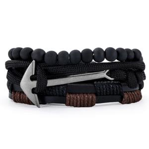 LGT JWLS Heren armbanden Set Zwart Leer Zilverkleurig Anker