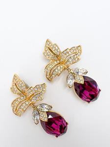 Jennifer Gibson Jewellery Vintage Ciner Hot Pink Crystal Floral Earrings 1980s - Goud