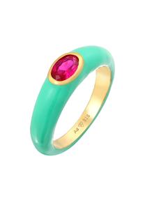 Elli Dames Eenzaam Ovaal met Emaille oranje en Zirkonia Kristal groen in 925 Sterling Zilver Verguld