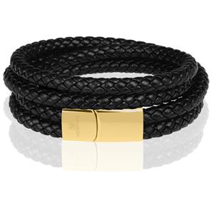 Memphis dubbele wrap armband Leer Zwart Goud-23cm