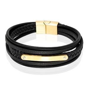Mendes Lederen Armband voor Mannen - Goud, Met Graveerplaat en RVS Sluiting-19cm