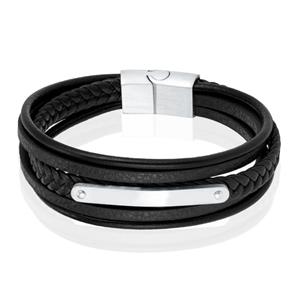 Mendes Lederen Armband voor Mannen - Zilver, Met Graveerplaat en RVS Sluiting-19cm