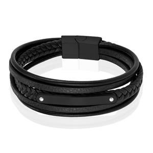 Mendes Lederen Armband voor Mannen - Zwart, Met Graveerplaat en RVS Sluiting-21cm