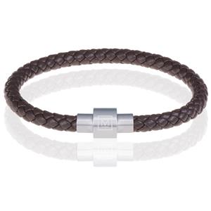Memphis armband leer met edelstaal Donkerbruin Zilver-20cm