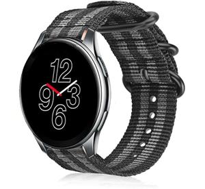 Strap-it OnePlus Watch 3 nylon gesp band (zwart/grijs)