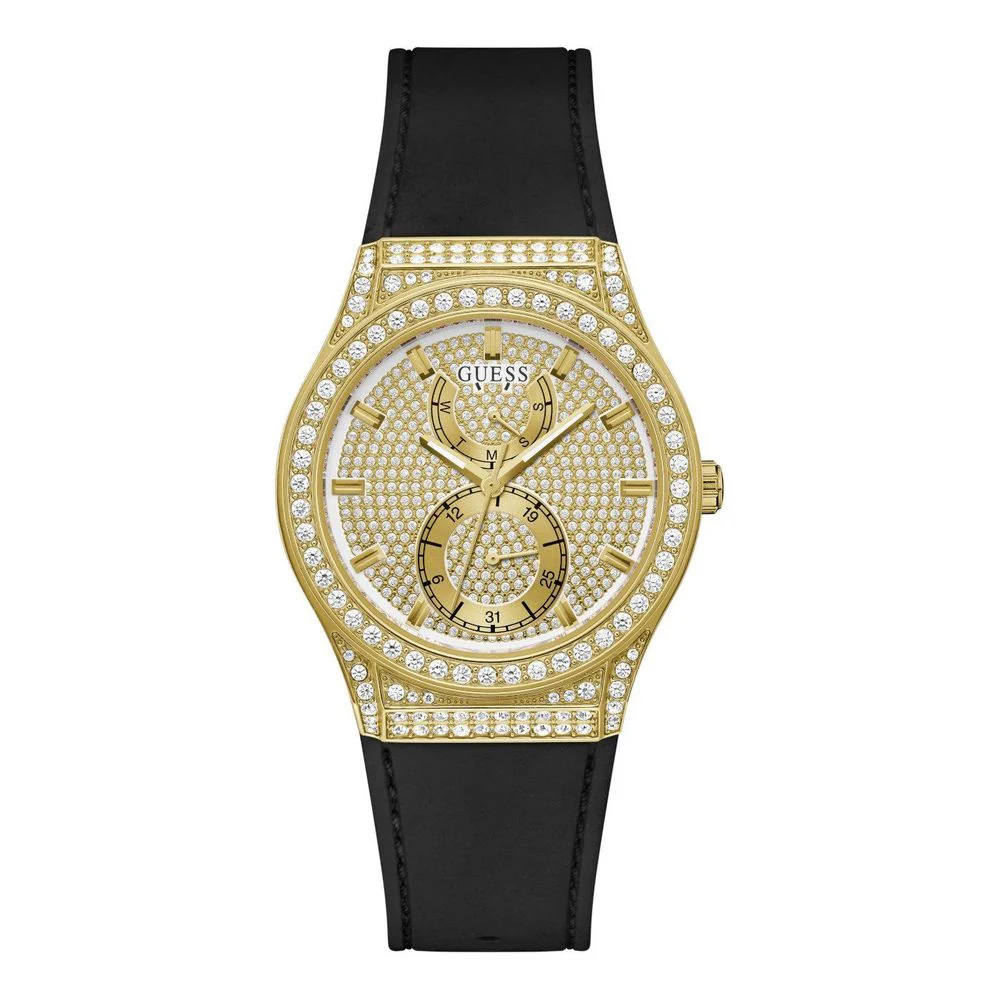 Guess Zwarte siliconen horloge met gouden wijzerplaat