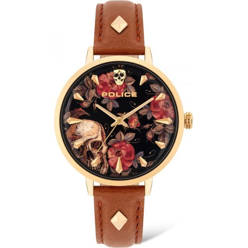 Police Brown leather watch met gouden roestvrijstalen kast