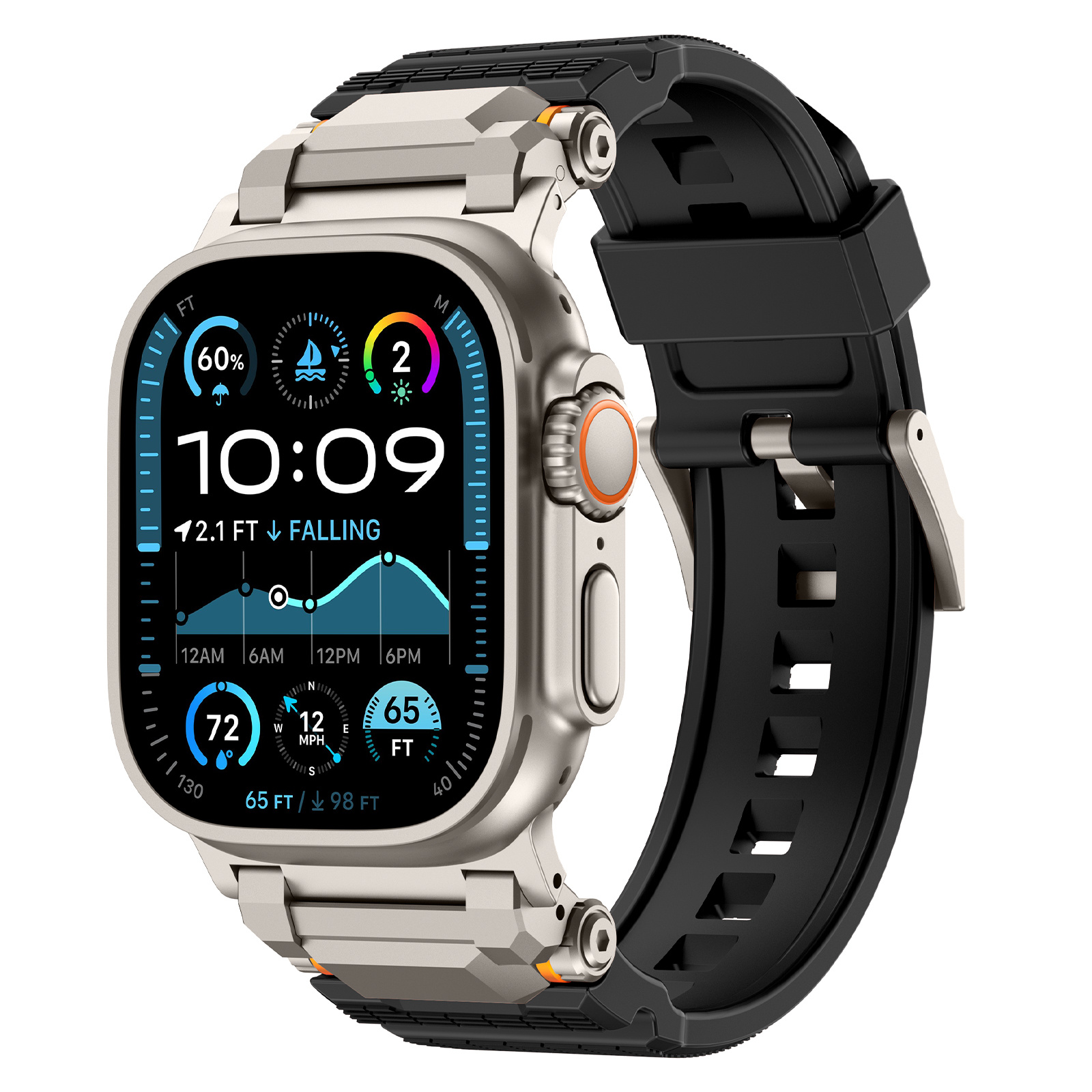 Strap-it Apple Watch 'Adventurer' siliconen band (zwart met titanium)