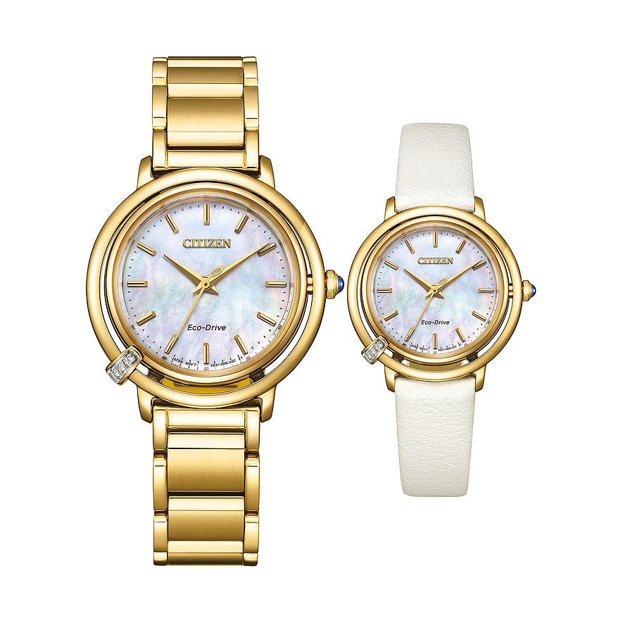 Citizen Solarhorloge Horloge, dameshorloge, diamanten, saffierglas, stalen armband (set, 2-delig, Met verwisselbaar bandje van veganistisch leer (appel))