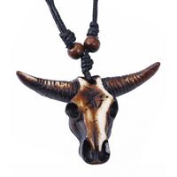 Tribal Buffalo schedel kettinghanger met Touwketting