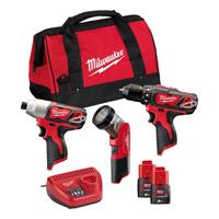 milwaukee M12 BPP3A-202B 12V Li-Ion accu boor-/schroefmachine (M12 BDD)&slagschroevendraaier (M12 BID)&werklamp (C12 T) combiset (2x 2.0Ah accu) in tas