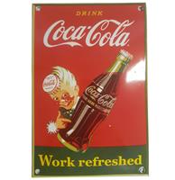 Drink Coca-Cola Work Refreshed Emaille Bord - 21 x 14 cm