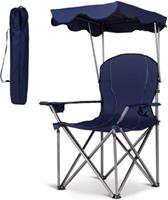 costway Opvouwbare Campingstoel met Zonneluifel Bekerhouder Draagtas 96,5 x 67,5 x 130 cm Blauw