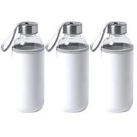 Bellatio 3x Stuks glazen waterfles/drinkfles met witte softshell bescherm hoes 420 ml -