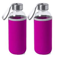 Bellatio 2x Stuks glazen waterfles/drinkfles met fuchsia roze softshell bescherm hoes 420 ml -