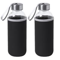 Bellatio 2x Stuks glazen waterfles/drinkfles met zwarte softshell bescherm hoes 420 ml -